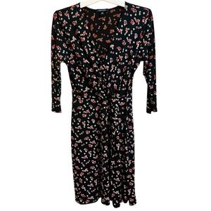 Hail3y:23 Black Knit Faux Wrap Dress Red White Pattern 3/4 Sleeves V-neck Medium